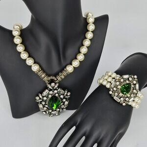 Heidi Daus Convertible Necklace Brooch & Bracelet Dazzling Decade Emerald Pearl